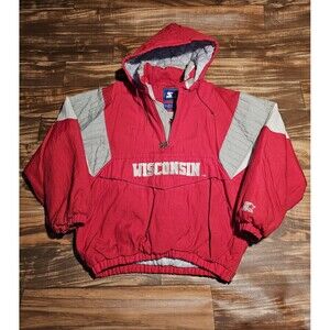 Vintage Rare NCAA Starter Wisconsin Badgers Pull Over 1/2 Zip Hooded Jacket Sz L